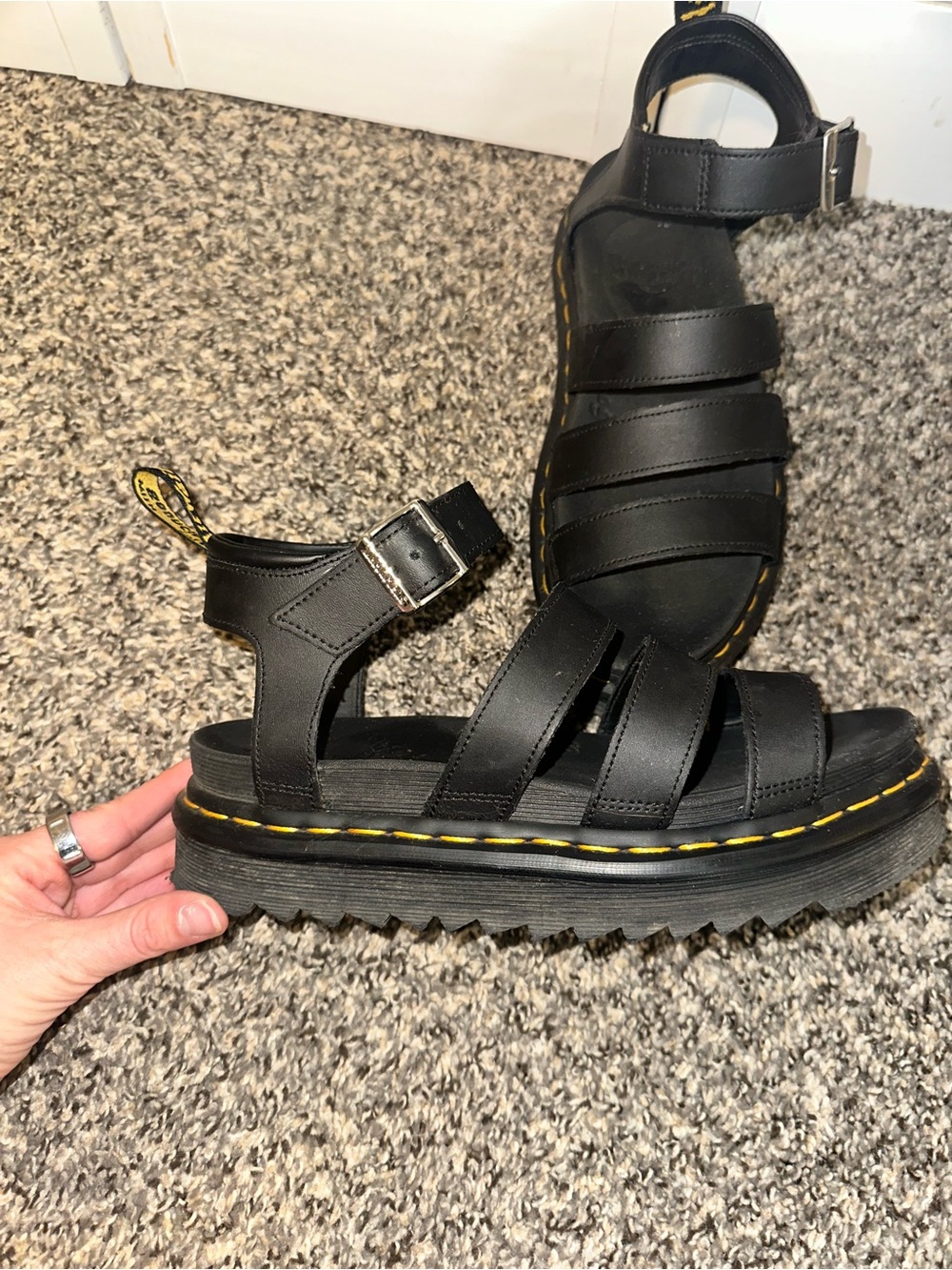 Black Doc Martens Women’s Leather Fisherman Sandals with Yellow Stitching